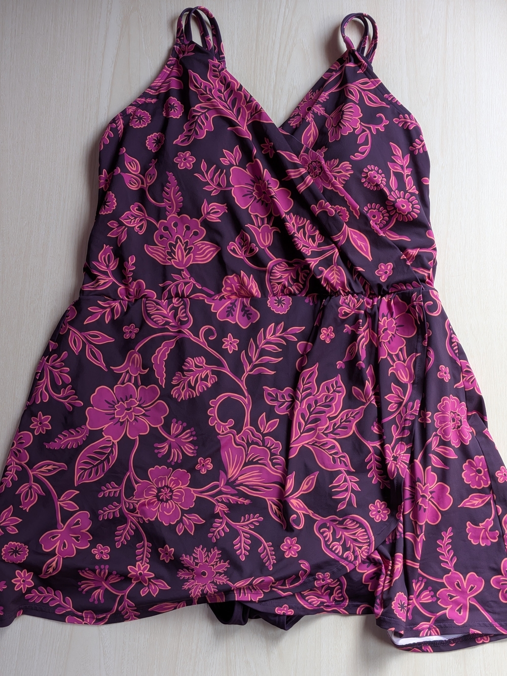 Lands’ End Plus 2X Purple Pink Floral Wrap Swim Dress Swimsuit
